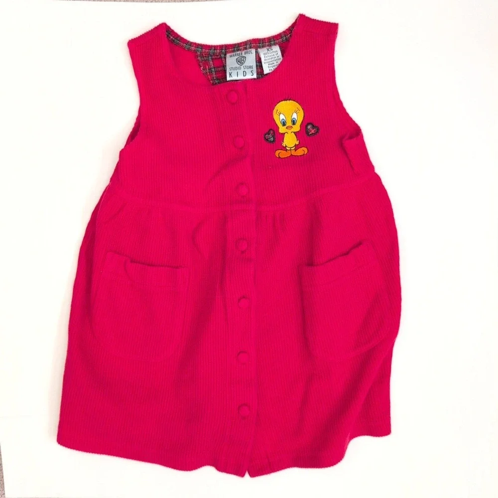 Vintage 90s Warner Bros Studio Kids Tweety Bird Corduroy Red Jumper Dress XS Y2K